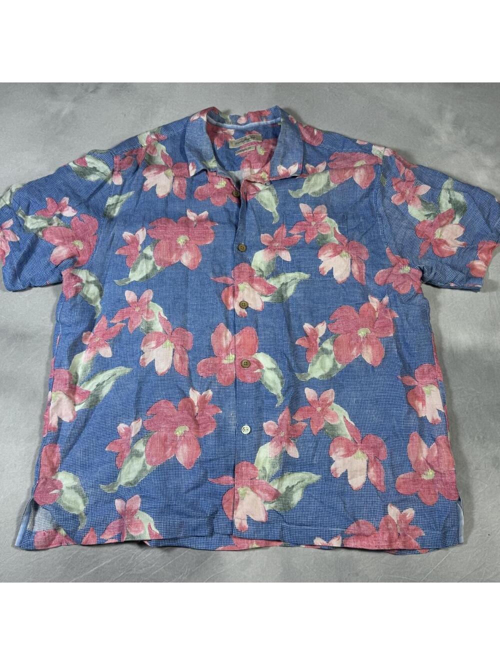 Tommy Bahama Mens Shirt XXL Blue Pink Floral Hibiscus 100% Linen Resort Shirt